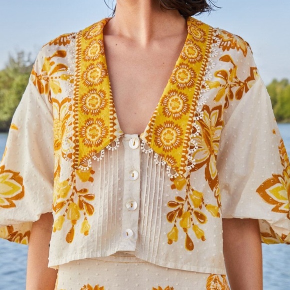 FARM RIO AURA FLORAL OFF WHITE BLOUSE - M - Picture 2 of 7